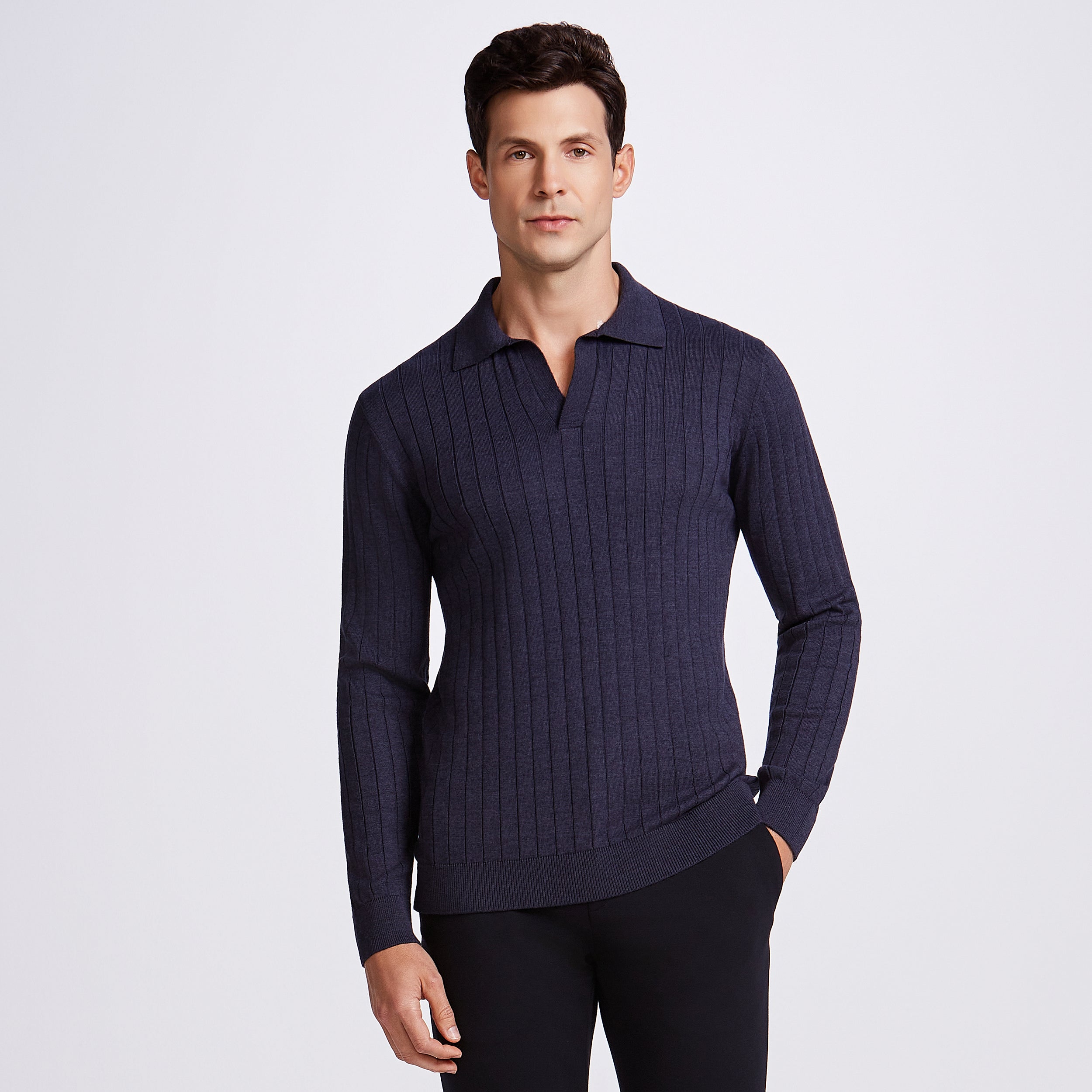 POLO V CANELADA  TRICOT M/LONGA - DARK JEANS
