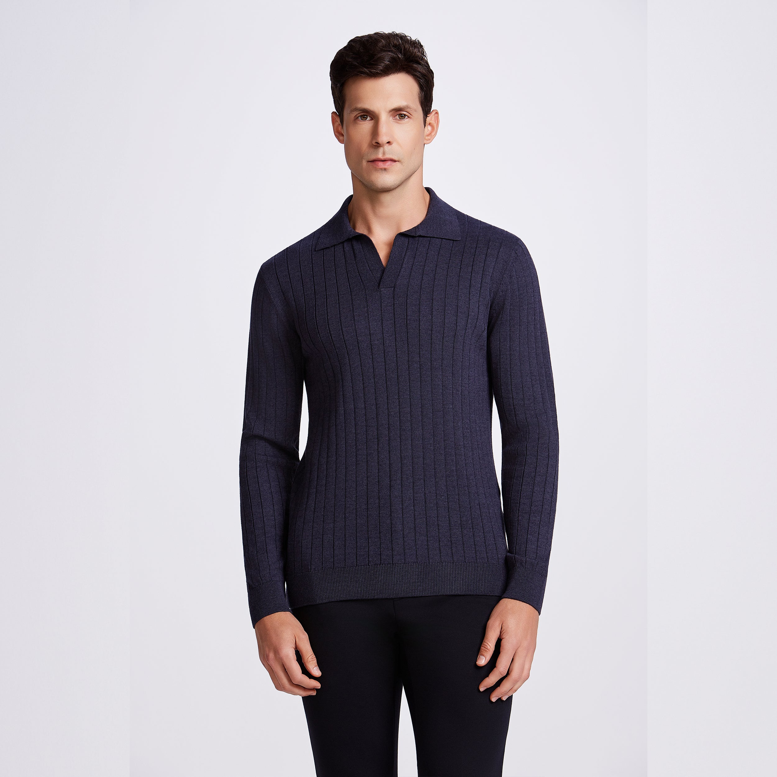 POLO V CANELADA  TRICOT M/LONGA - DARK JEANS